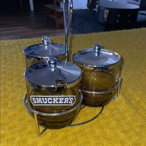 Vintage Smuckers three jar caddy